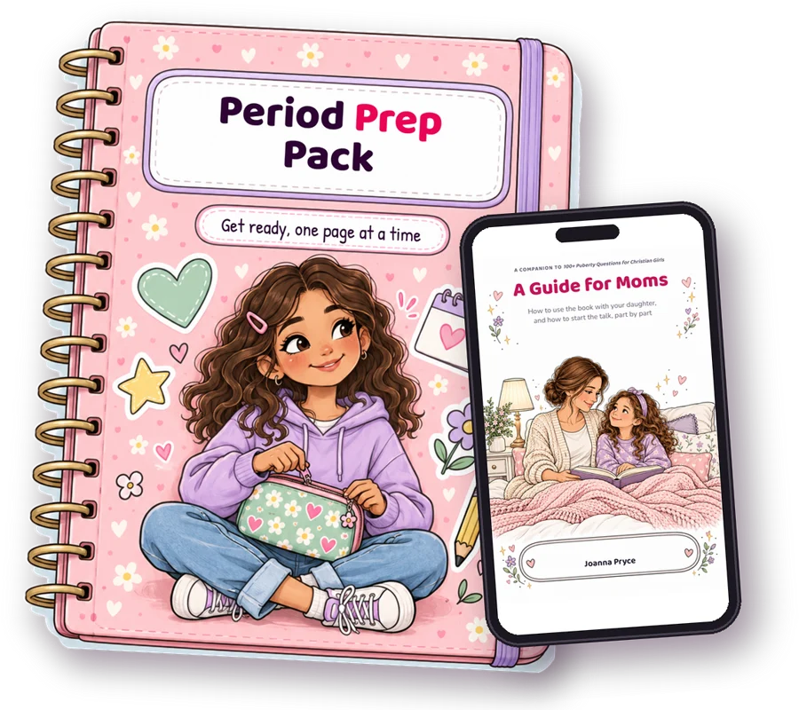 A printed page of the Period Prep Pack next to the Guide for Moms on a phone